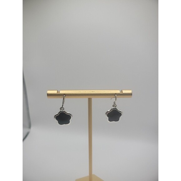 KC Silver Tone Hook Dangle Drop Earrins Pierced Clover Black Jewelry Costume - Picture 3 of 10